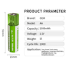 High cycle times rechargeable battery AA 1.5v 1500mwh USB