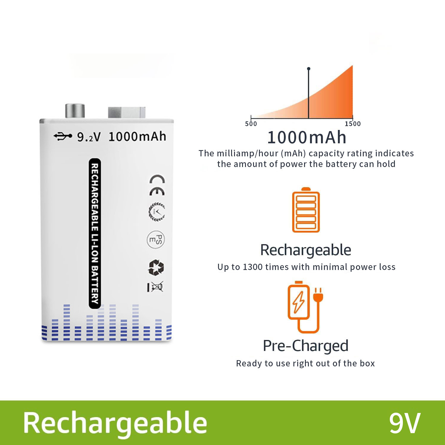 9V Rechargeable Lithium Battery 9000mwh